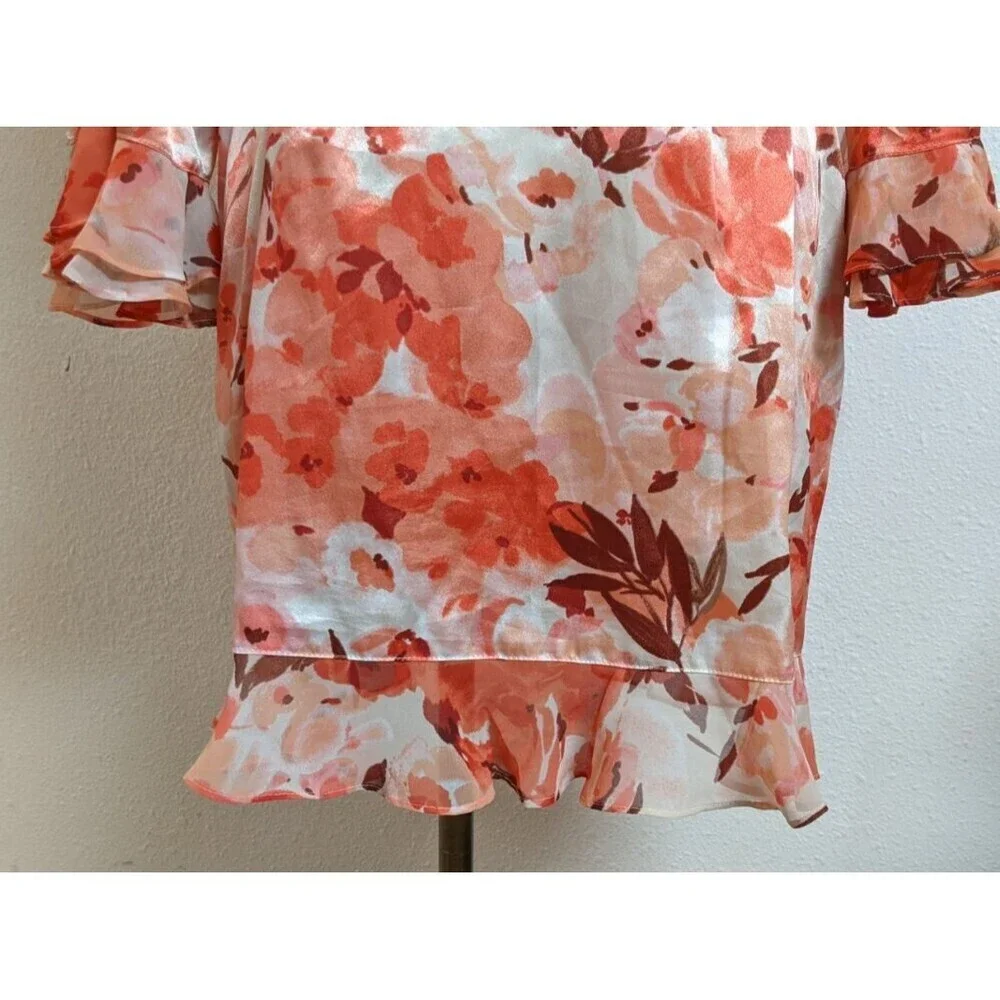 Women's Oscar de la Renta Pink Label Floral Print Ruffle Trim Robe LG
